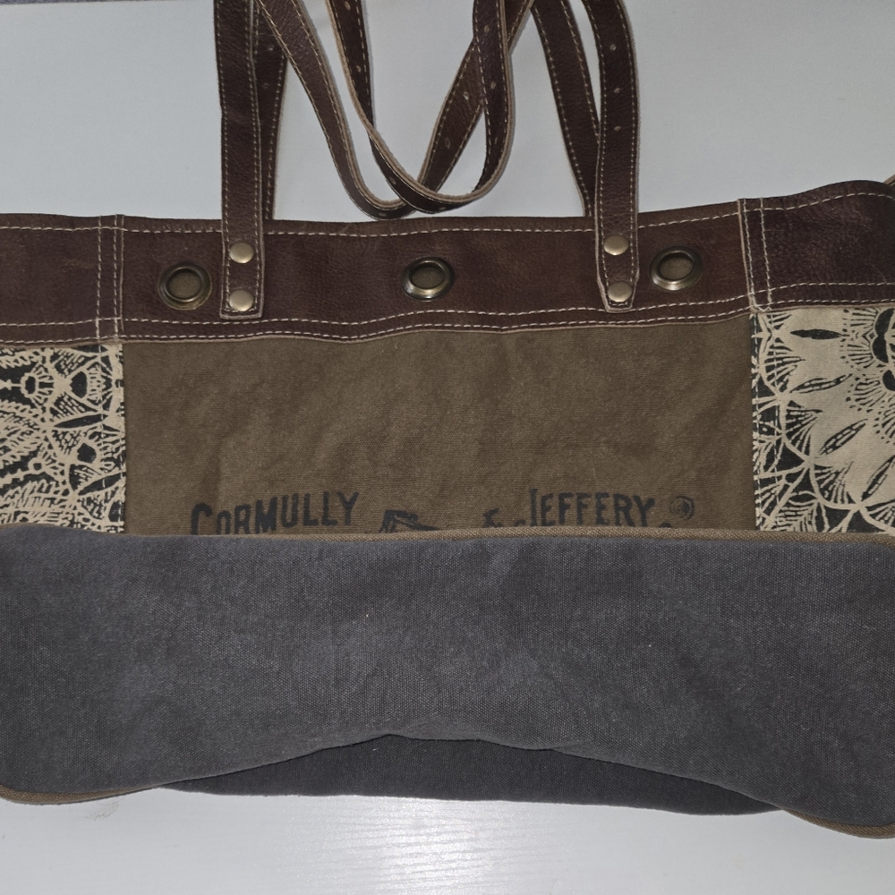MYRA Bicycle Print Canvas/ Leather Tote Bag S-0935 18" X 13"  12"handles - Picture 4 of 15